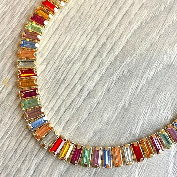 Gold Baguette Multicolor Rhinestone Choker Earrings Bracelet Matching Set 18k - Picture 10 of 12